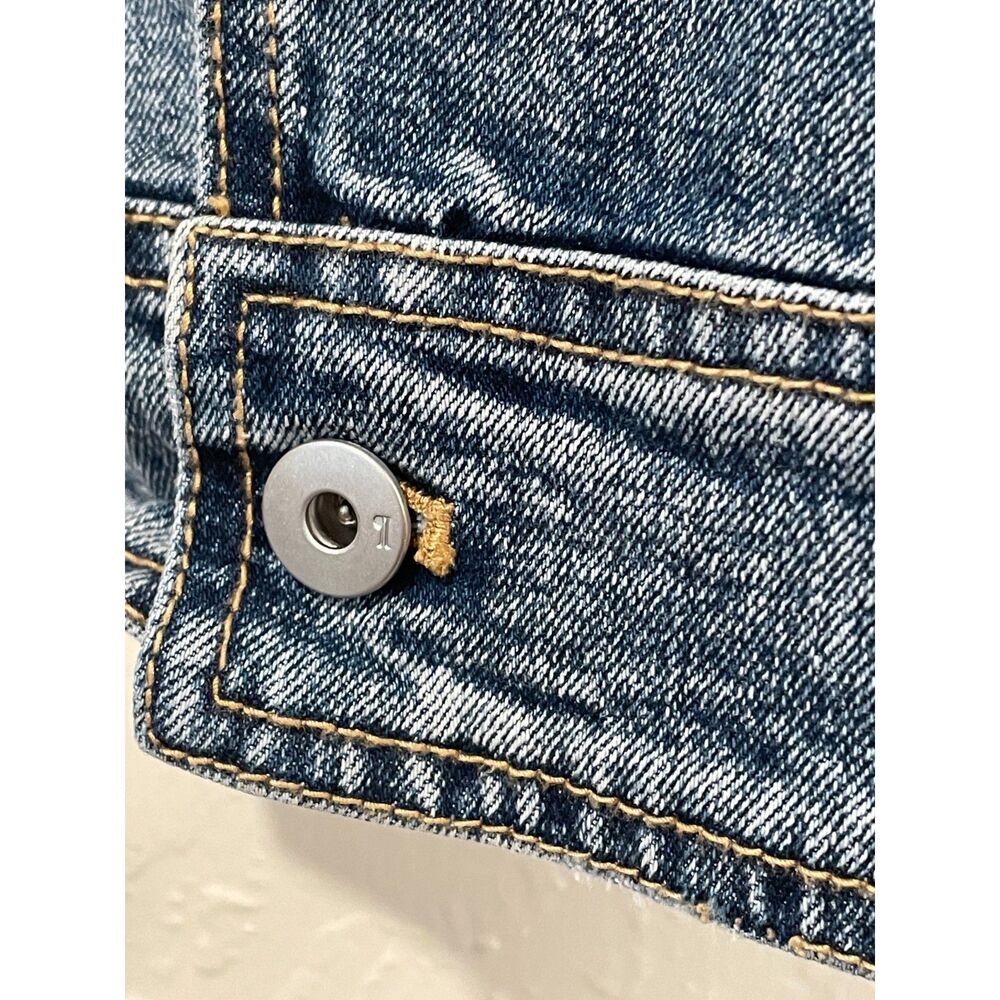 ~ Pilcro Lg Jean Jacket Cropped Denim Anthropologie Blue Raw Edge Stretch Large - Picture 12 of 14